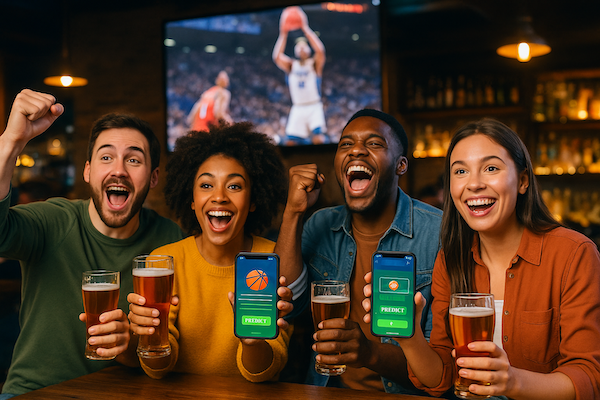 Friends enjoying interactive sports games at a bar with Scoreboard Social